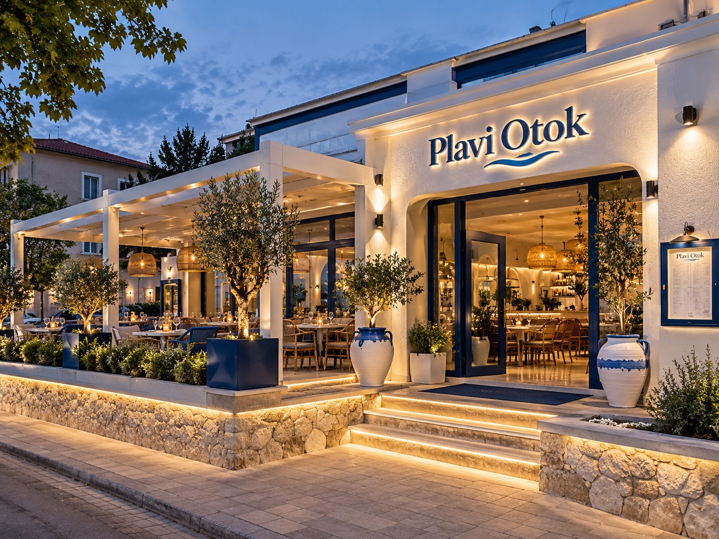 Konceptualna vizualizacija fasade restorana Plavi Otok u sumrak, sa terasom, maslinama i toplim svetlom